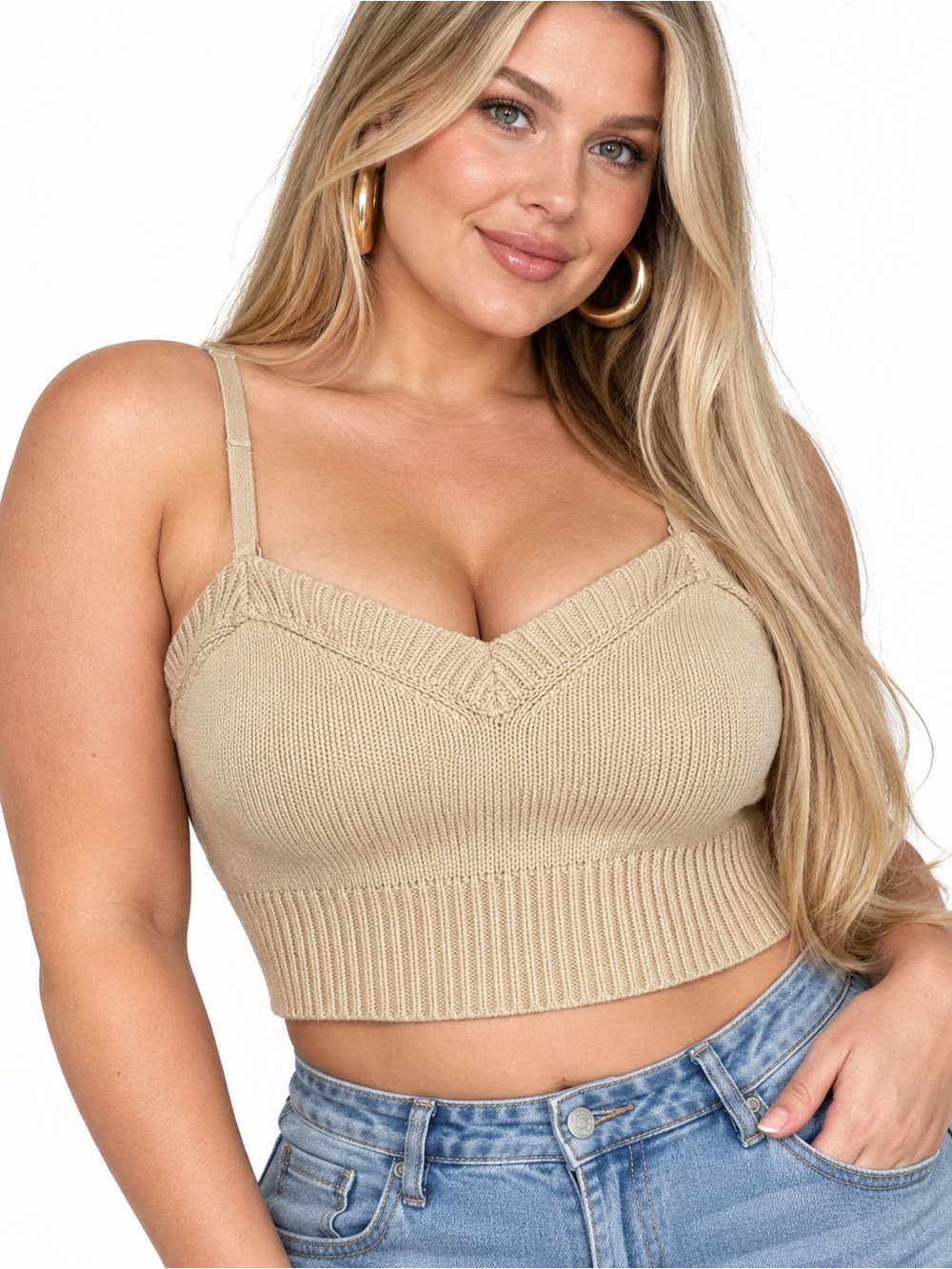 Moda International XL Beige Knit Cami Crop Top Ribbed Y2K Spaghetti Strap